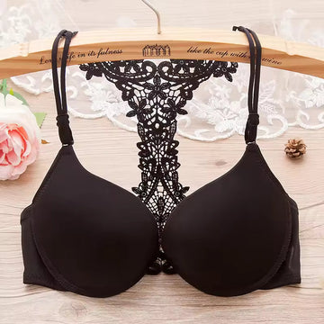 Japanese Back Embroided Lace Double Padded Bra, Deep V Sexy Women's Underwear with Small Chest Gathered and Adjusted Front Hook  Bra